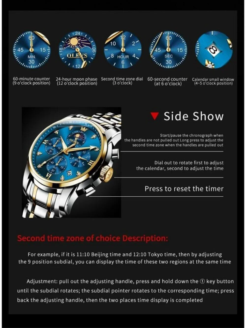 Men's Blue Diamond Analog Quartz Stainless Waterproof Luminous Classic Watch